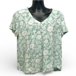 LOFT Sage Green Floral V Neck Tee XL Soft Casual Spring Top